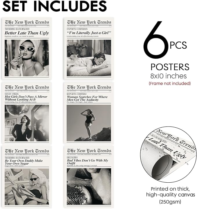 Trendy Feminist Newspaper Wall Art Prints of 6,Retro Black and White Vogue Posters for Room Aesthetic,Audrey Hepbum Fashion Wall Art Bedroom, Vintage Bar Cart Art Feminine Decor for Dorm Apartment,Unframed