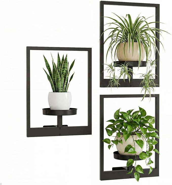Wall Planters for Indoor & Outdoor Plants, 3-Pack Black Metal Hanging Plant Stands, Plant Hanger Window Plant Shelves for Living Room Entryway Patio - Wall Plant Holder Decor