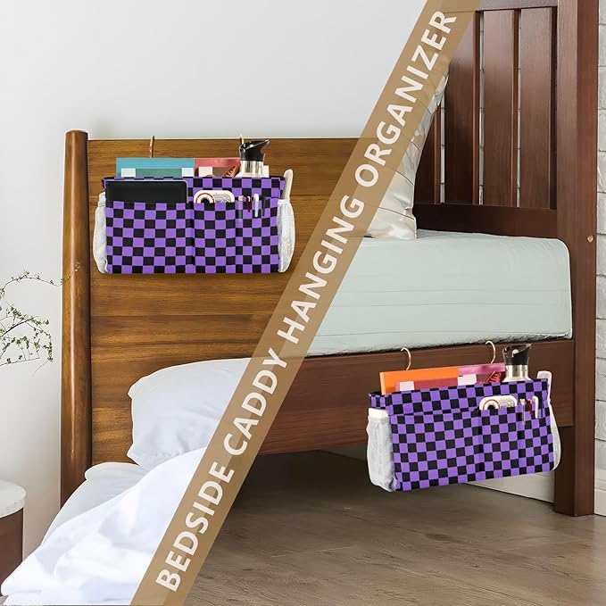 Checkerboard Black Purple Plaid Print Bedside Caddy Storage Bag Bedside Organizer for Bunk Bed Headboards College Organizer Caddy Hanging Shelf 6 Pockets with Hooks for Drinks Magazine Phone Holder