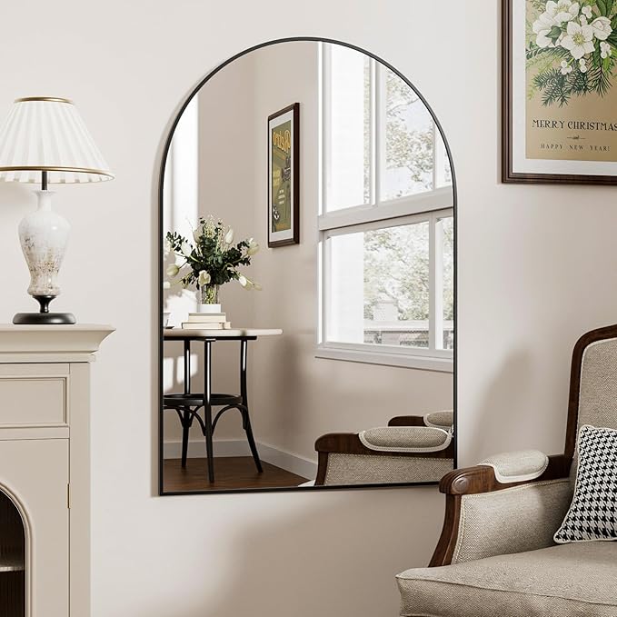 Rowjut Arched Wall Mirror 38"x24"Window Mirrors Decorative Wall & Iron Framed Bathroom Mirror, Arched Top Wall Mirror for Entryway. Living Room, Bedroom, Fireplace .（Black
