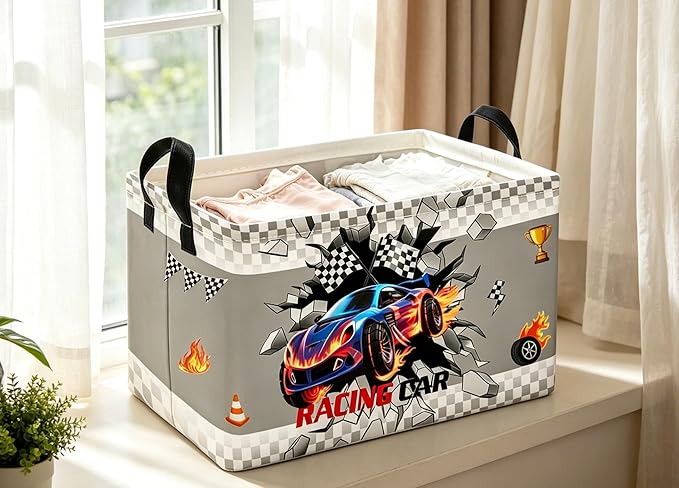 Essme Rectangular Kids Baskets,Car Storage Box,Cute Basket for Kids with Handles for Room Decor, Book Bins,Shelf Basket.(Blue Car)