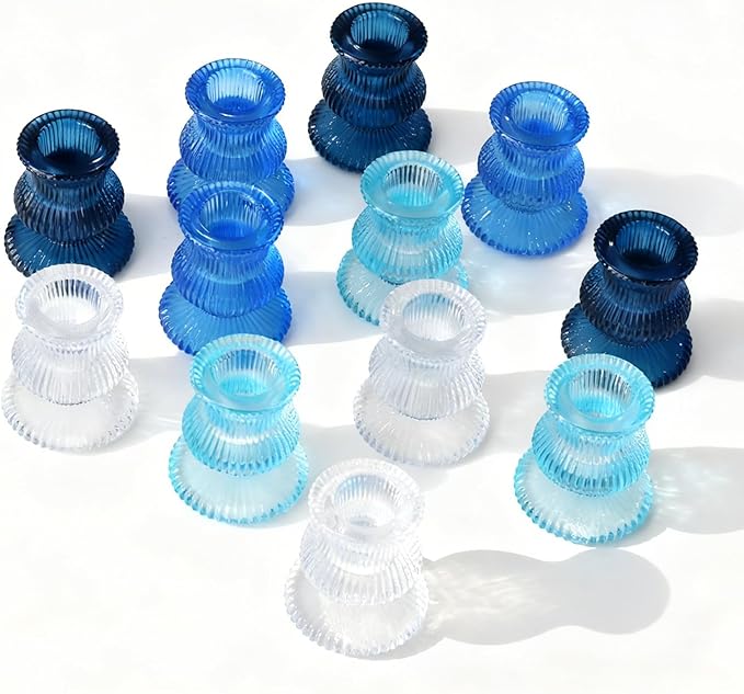 Blue Candlestick Holders 12 Pcs, Ribbed Taper Candle Holders for Table Centerpieces, Vintage Glass Candle Holders Bulk for Wedding, Birthday, Baby Shower Decoration