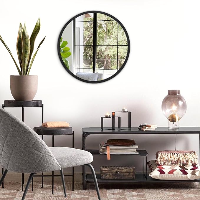 JJUYOU Black Round Framed Mirror - 16" Circle Wall Mirror for Bathroom, Bedroom & Living Room - Modern Aluminum Alloy Metal Frame