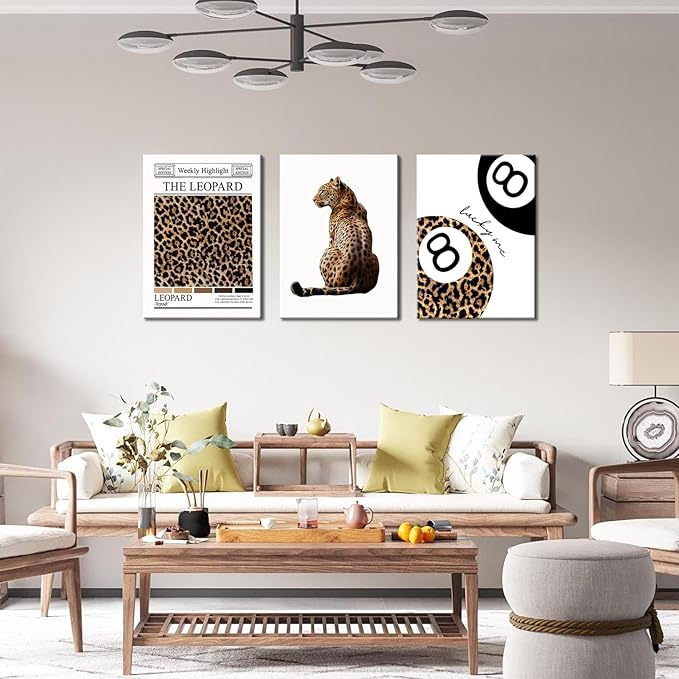 Set of 3 Trendy Leopard Canvas Wall Art Funky Lucky 8 Ball Posters Prints Preppy Room Aesthetic Cheetah Wall Decor Pictures for Girly Bedroom Apartment Dorm 16x24in