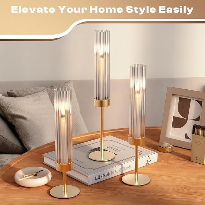 Gold Hurricane Candle Holders: Fluted Candlestick Holders for Wedding Tall Brass Taper Candle Holder Modern Candle Sticks Holder Decor for Table Centerpiece Party Birthday Christmas Set of 6
