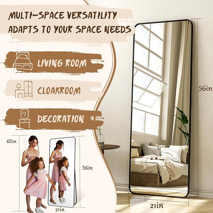 XRAMFY 56"x21" Floor Full Length Mirror Standing Full Body Rounded Corner Rectangle Mirrors with Stand Hanging Wall Mounted Leaning Bedroom Living Room Bedroom Cloakroom,Black