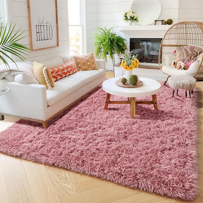 Amdrebio Blush Pink Area Rugs for Girls Bedroom Kids Room, 5x7 Fuzzy Furry Fluffy Kawaii Rugs for Living Room Playroom, Shaggy Plush Shag Carpet for Nursery Dorm Classroom, Cute Dusty Rose Mauve Rug