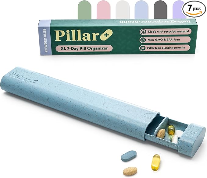 Pillar Plus - Aesthetic 7 XL Day Pill Organizer | BPA-Free Wheat Straw Medicine Case | Pretty Travel & Home Tablet Vitamin Organizer | Cute Weekly Pill Box | Travel Medicine Organizer (Powder Blue)