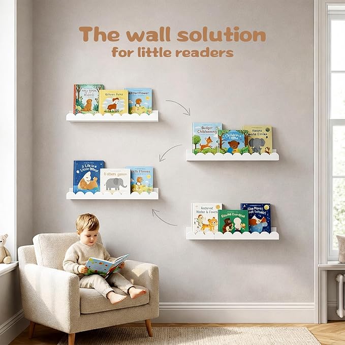 Nursery Floating Shelves for Kids Room, White Wall Shelves, 4 Pack 23.6 x 4.7 Inch Scalloped Kids Bookshelves for Toddler Bedroom, Playroom, Baby Nursery Decor