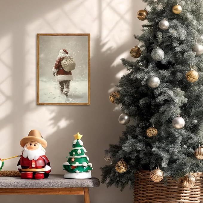 Framed Vintage Christmas Canvas Wall Art, Rustic Santa Claus Walking Snowy Wall Decor Paintings, Winter Holiday Aesthetics Pictures Print Christmas Home Decor for Living Room Bedroom 12×16 inch