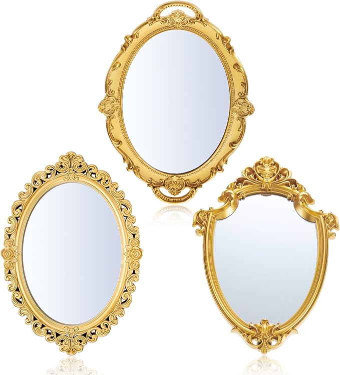 Beeveer 3 Style Vintage Mirrors Set Decorative Oval Wall Mirror Small Antique Mirrored Tray Decorative Hanging Mirror for Bathroom Bedroom Jewelry Organizer Victorian Decor (Shield,Gold)