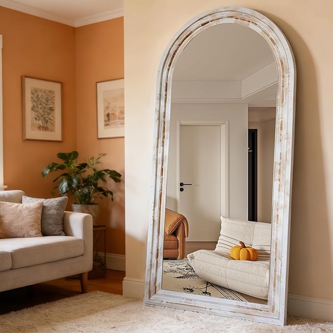 CASSILANDO 71x32 Inch Arched Full Length Mirror with Solid Wood Frame Wall Mounted Floor Mirror, Vertical Hanging Leaning Standing Mirror for Living Room, Bedroom, Entryway, Rustic White