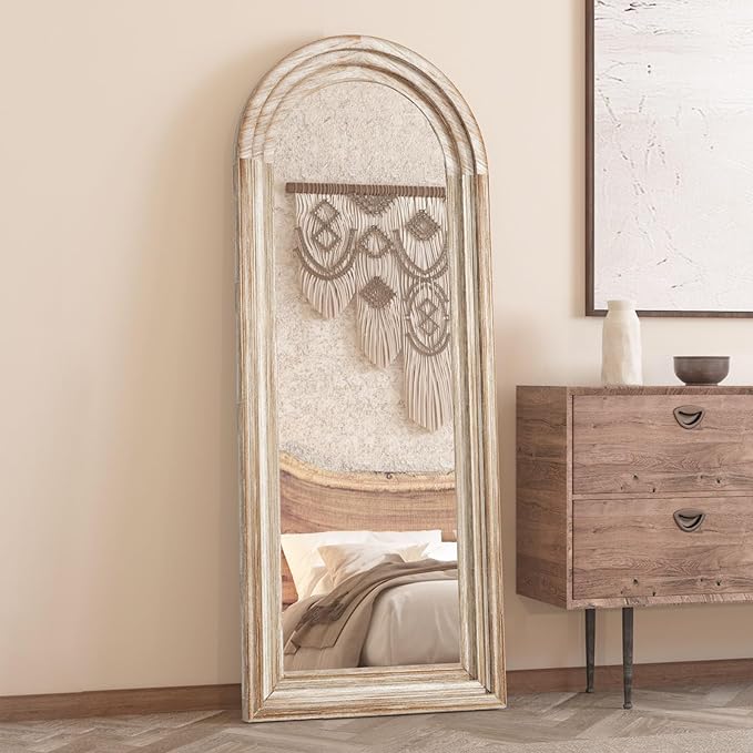CASSILANDO Arched Full Length Mirror with Solid Wood Frame 65x24 Inch Wall Mounted Floor Mirror, Vertical Hanging Leaning Standing Mirror for Living Room, Bedroom, Entryway, Rustic White