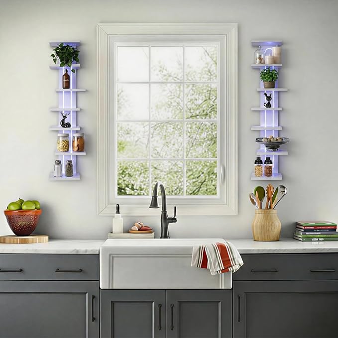 Homaterial 7-Tier RGB Floating Shelves for Gaming Room & Display, Unique Asymmetrical Wall Shelves with Lights & Remote, Vertical Lack Shelf for Collectibles, Room Decor, White