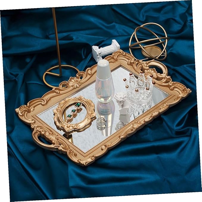 Artibetter Retro European Mirror Tray Decorative Makeup Organizer Perfume Storage Plate Golden Rectangular Household Vanity Display Accent for Home Décor