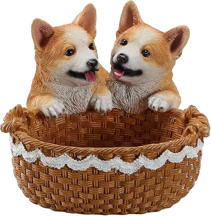 Dog Resin Storage Basket, Desktop Organizer for Remote & Keys, Cute Home Decor Tray, Ideal present for Pet Lovers.(Dual Corgi)
