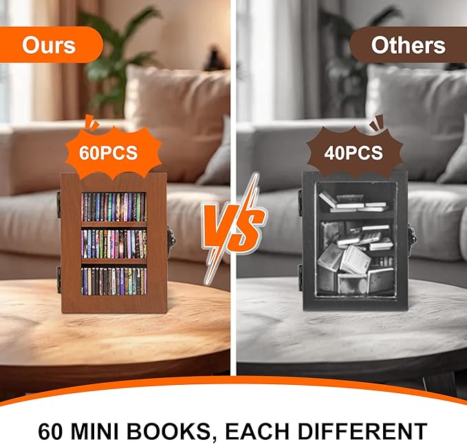 Anxiety Mini Bookshelf Mini Books with 60PCS Wooden Miniature Book Library for Stress Relief, Home and Office Decor, Unique Gift for Book Lovers - Brown