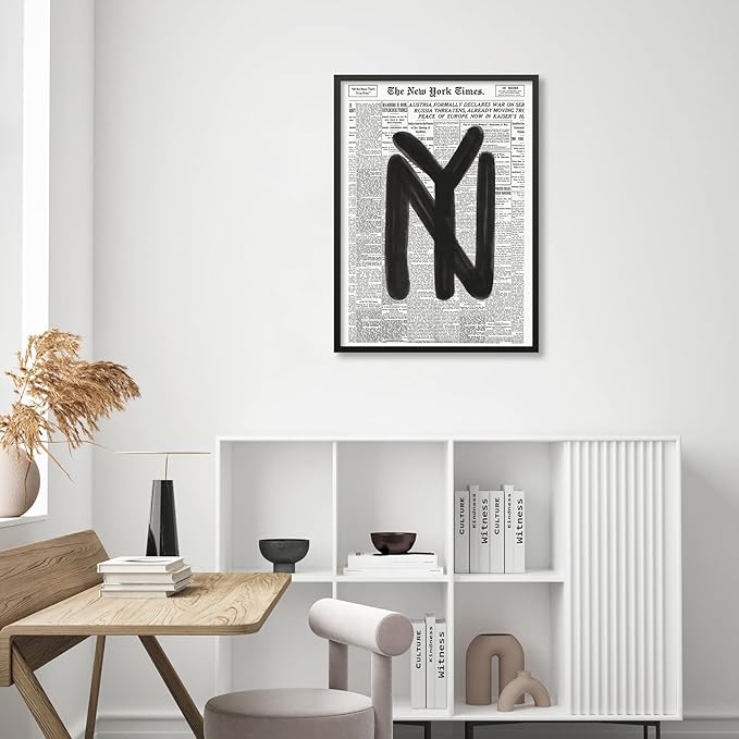 Black and White Newspaper Wall Art Vintage New York City Poster Trendy Minimalist Aesthetic Canvas Prints 16X24 inch Black Framed for Apartment Bedroom Wall Decor