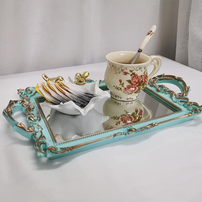 Small Rectangle Decorative Mirror Tray, French Style, Makeup Organizer, Jewelry Organizer, Serving Tray, 13"x 7.8", Golden Blue
