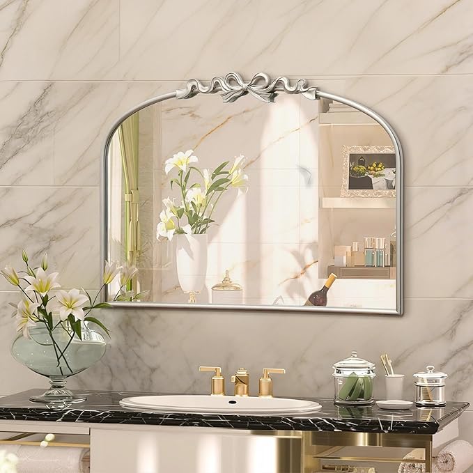 Besdomus Antique Arch Large Mirror: 32"x24" Champagne Silver Bow Antique Wall Mounted Mirror - Baroque Traditional Ornate for Living Room/Fireplace/Bathroom- Home Decor for Homemakers