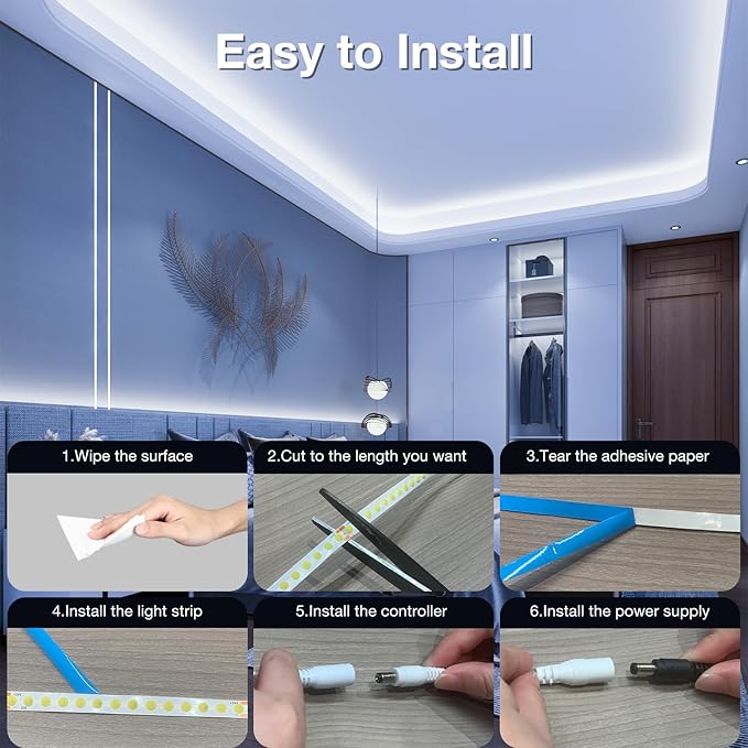 DAYBETTER 16.4FT Dimmable COB led Strip Light, High Brightness led Lights, 6500K Bright Daylight White, 24V, 140 LEDs, Flexible LED Tape Light Suitable for Bedroom, Kitchen, and DIY Home Decoration