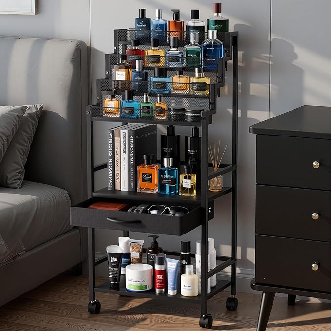4-Tier Men's Cologne & Accessory Organizer with Drawer & Wheels, Sleek Industrial Wooden & Metal Perfume Display Rack for Cologne Bottles, Aftershave & Grooming Essentials, Multi-Functional Fragrance Storage Stand, Black