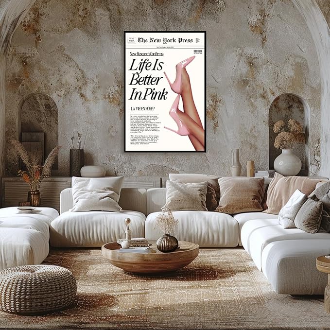 Trendy Baby Pink Poster 70s Canvas Prints The New York Press Wall Art Life Is Better in Pink Hot Girl Posters Preppy Aesthetic Decor Bedroom for Cool Girly Room Home Dorm 24x36inch black framed