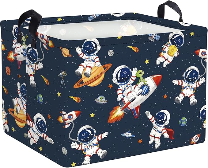 Space Rockets Laundry Hamper Cartoon Astronaut Large Storage Basket Planet Collapsible Parents Organizer Boys Clothes Toy Bins for Bedroom, Bathroom, Alien, 36L