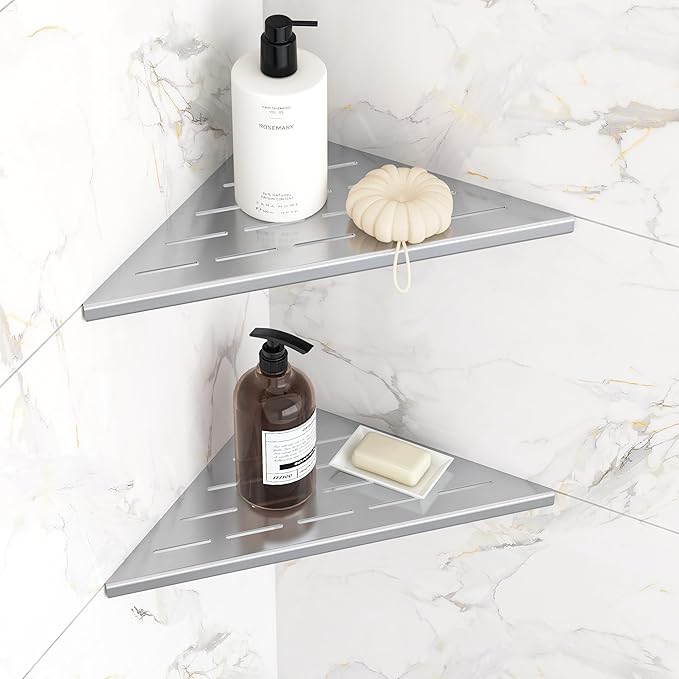 Qeke Corner Shower Shelves, 10” Recessed Tile Shower Shelf, 304 Stainless Steel Grout in Corner Tile Shower Shelves, No Drilling, Brushed Nickel, 2 Pack