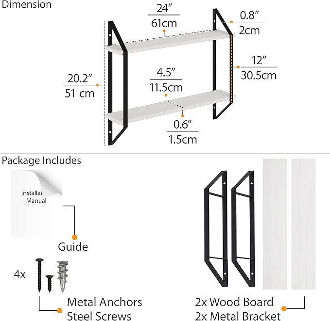 Wallniture Ponza Floating Shelves for Living Room Decor, 24" Bookshelf Wall Decor, 2 Tier Bathroom Organizer & Kitchen Organization, White Wall Shelves Bedroom Decor