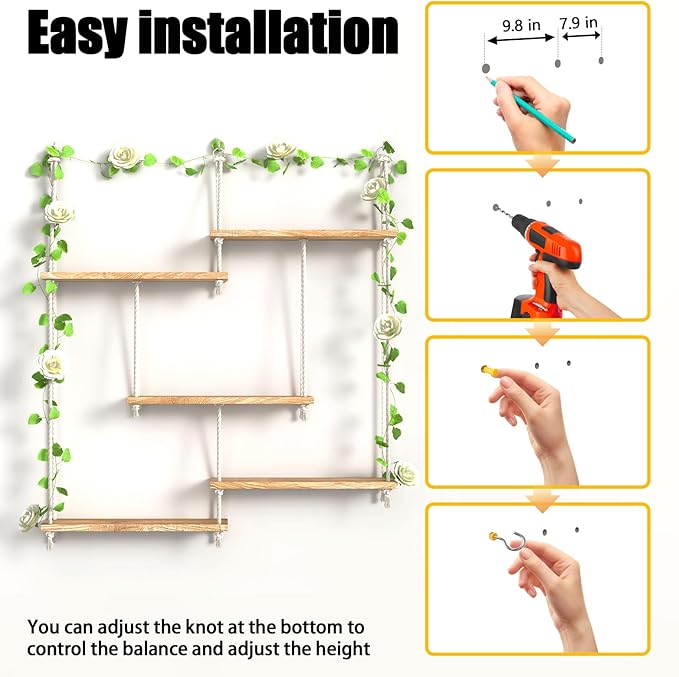 Hanging Shelves for Wall 5 Tier Macrame Rope Floating Shelves with Vine Lights Boho Wall Mounted Decor Wood Organizer Storage Rack for Bedroom, Bathroom, Kitchen