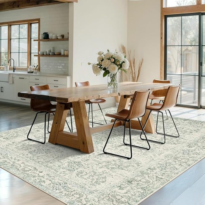 Rugxara 6x9 Washable Area Rug for Living Room, Vintage Large Boho Rugs for Office, Dining Room, Kids Room, Farmhouse, Durable Low Pile Non Slip Carpet for High Traffic Areas, Light Green