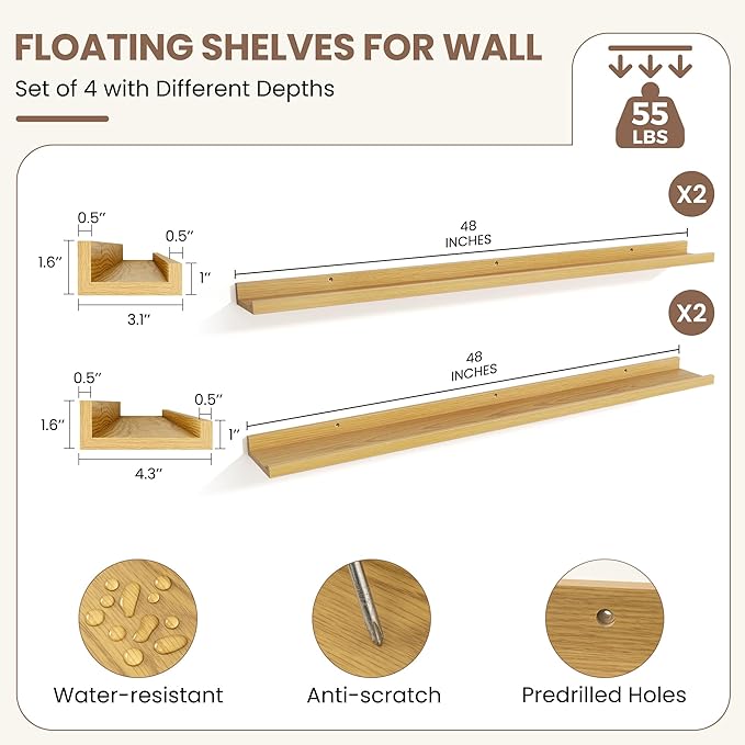Fun Memories Picture Ledge Shelf, Floating Shelves Set of 4, 48 Inch Picture Shelves for Wall with Ledge, Large Nursery Book Shelf for Toys Storage, Living Room, Bedroom Decor Frames, Oak