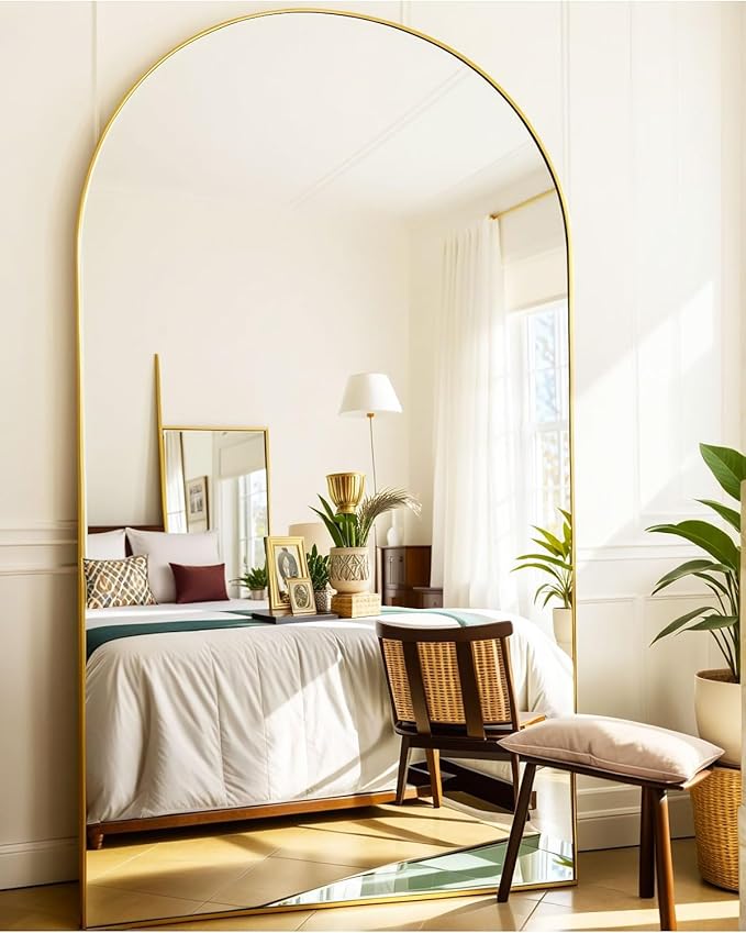 KOMCOTE 77x38 Inch Extra Large Arched Floor Mirror - Giant Gold Freestanding Mirror for Bedroom, Living Room, Dressing Room - Oversized Elegant Leaner Full Length Mirror for Home Decor