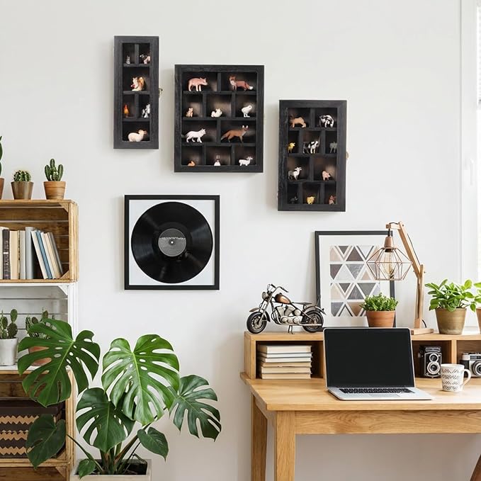 DoubleFill Set of 3 Wooden Trinket Display Shelf Shadow Box with Shelves 10 x 15 Inch Large Wall Mounted Display Storage Mini Figures Curio Trinket Medals Crafts Collections(Black,Box Shape)