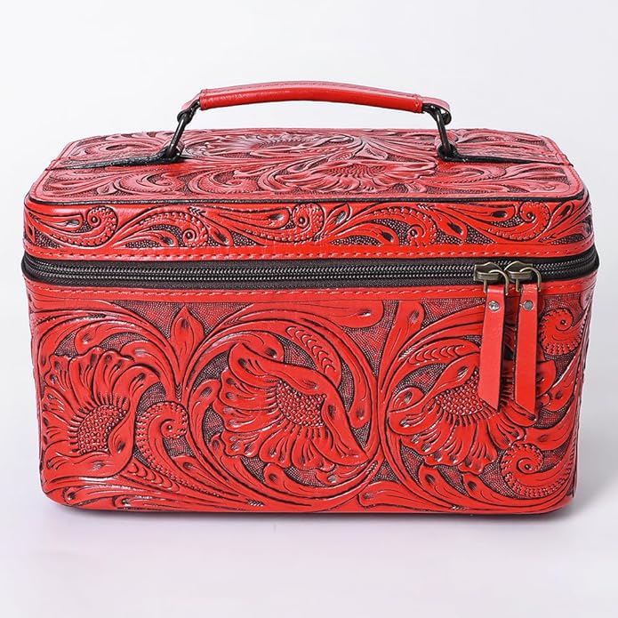 American Darling Western Hand Tooled Leather Jewelry Case | Handcrafted Travel Makeup Bag with Handle and Divided Interior