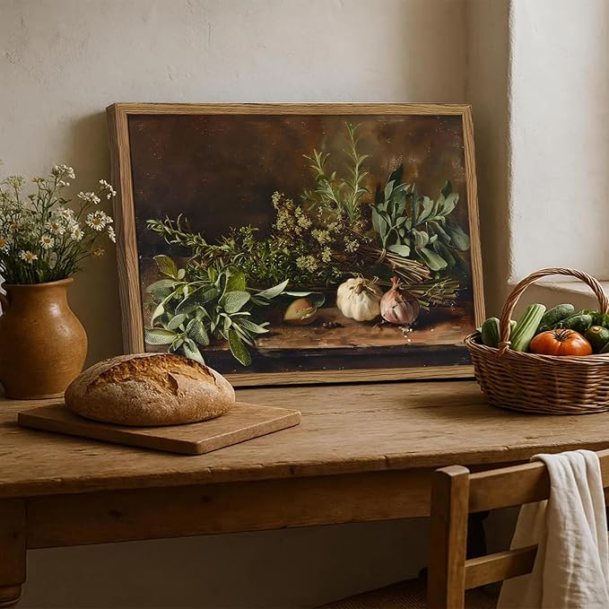 Framed Vintage Kitchen Wall Art, Rustic Garlic and Herbs Pictures Wall Decor Paintings, Farmhouse Cottagecore Canvas Prints Artwork for Home Dining Room Living Room 12x16 inch