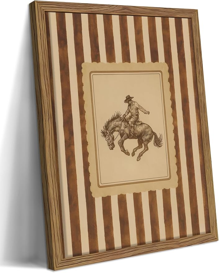 Framed Vintage Western Wall Art, Southwestern Cowboy Horse Canvas Wall Decor Painting, Mid Century Rustic Striped Cowboy Artwork Print Picture for Living Room Bedroom Bathroom 16x24 Inch