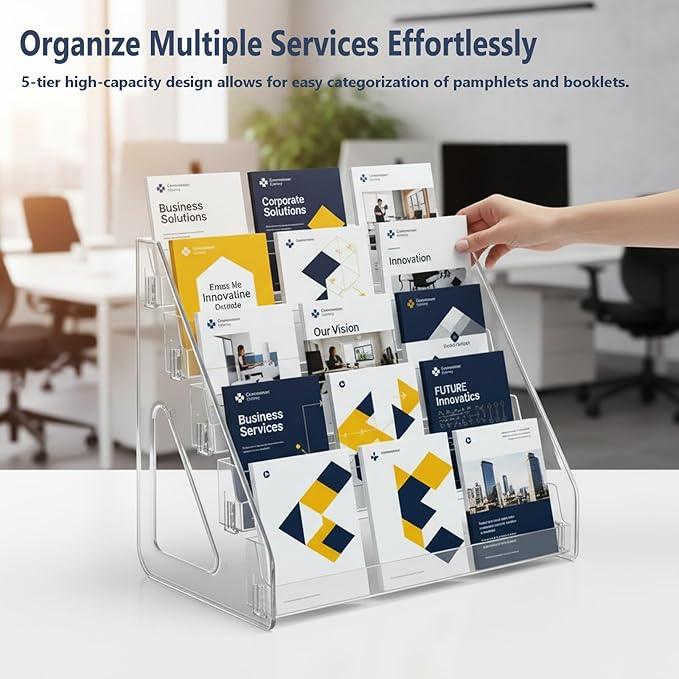 5-Tier Clear Acrylic Brochure Holder, Countertop Pamphlet Display Stand & Literature Organizer, Transparent Tiered Desk Rack for Flyers, Booklets, Greeting Cards,Easy Tool-Free Assembly