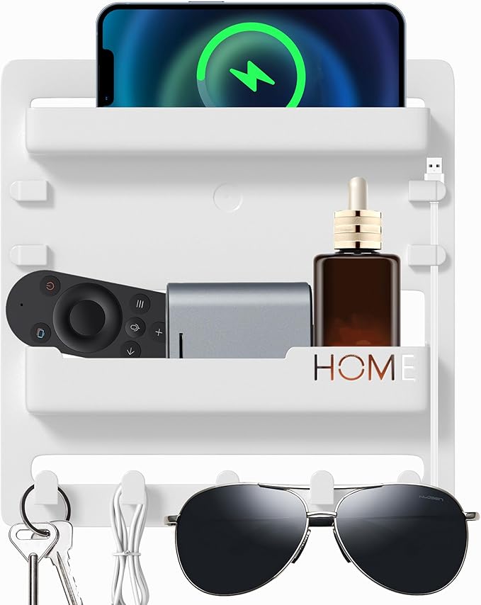Bedside Wall Mount Organizer,Bedside Wall Shelf Accessories Floating Shelves Stick On for Bedroom Storage Organization,Aesthetic Room Dorm Decor for Girls,Cute Stuff for Teens,5 Hooks-White