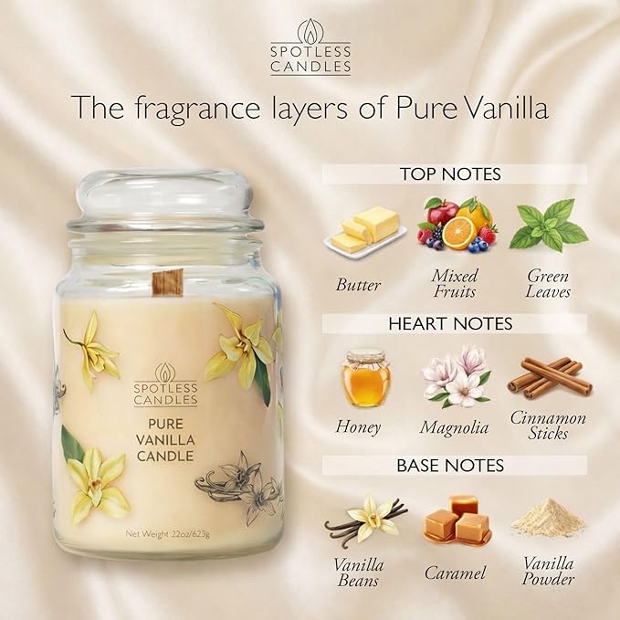 Pure Vanilla Scented Candle 22oz – 80-85 Hour Burn Time, Wooden Wick, Large Glass Jar with Lid, Warm Cozy Fragrance for Home Relaxation & Gift by Spotless Leopard