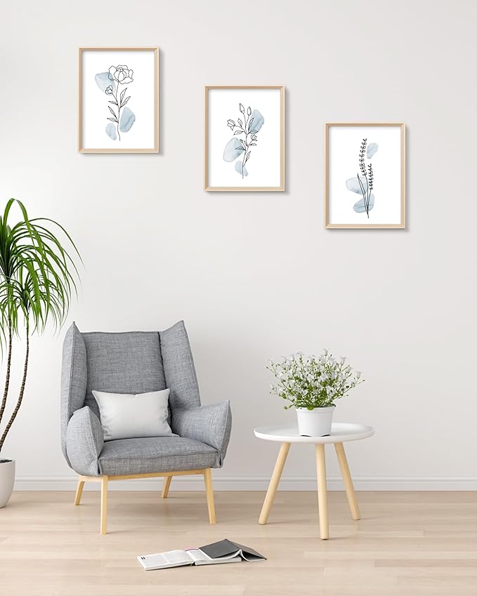 HesenDot Framed Blue Floral Canvas Wall Art,Minimalist Botanical Wall Art Decor,12x16IN Wood High Framed Prints,Boho Flowers Artworks Prints Posters for Living Room,Kitchen,Bedroom Set of 3