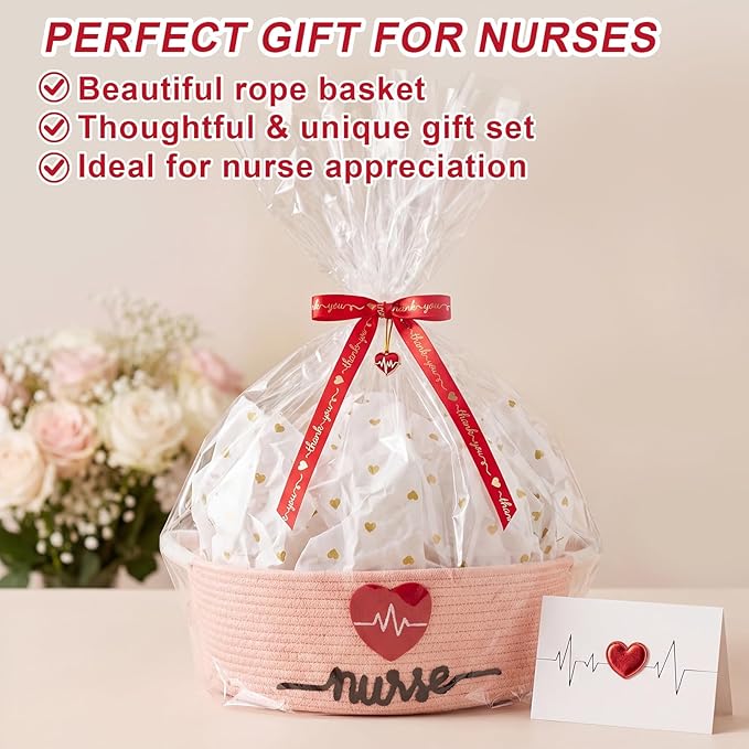 Colingmill 2026 Graduations & Nurses Week Gift Basket Empty to Fill, Woven Rope Basket 15" x 11" x 6" Decorative Storage Baskets with Gift Bag, Bow, Tissue Paper & Year Charm(Pink)