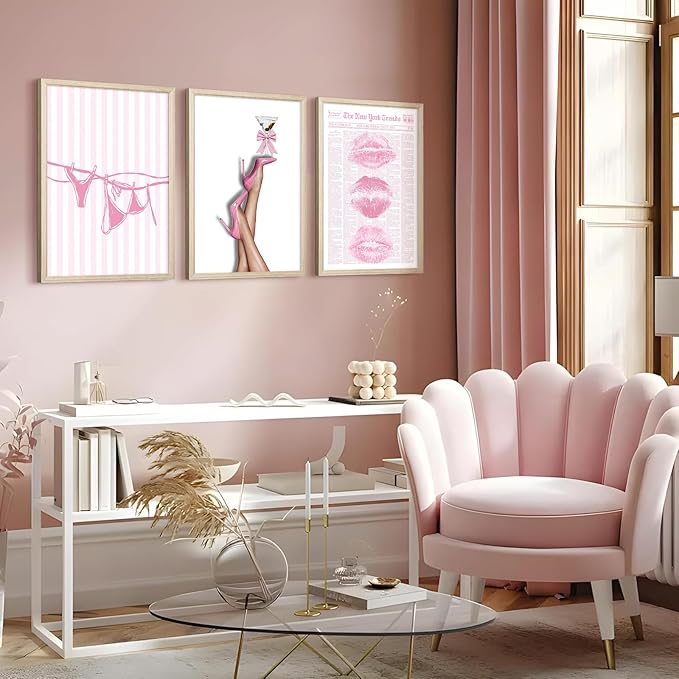 Pink Coquette Wall Art Decor Trendy Aesthetic Posters Preppy Funky Y2k Canvas Wall Art Decor Bow Girly Room Pictures Coquette Bikini Lips Prints Pink Artwork for Dorm Bedroom 16x24x3 Inch Wood Framed