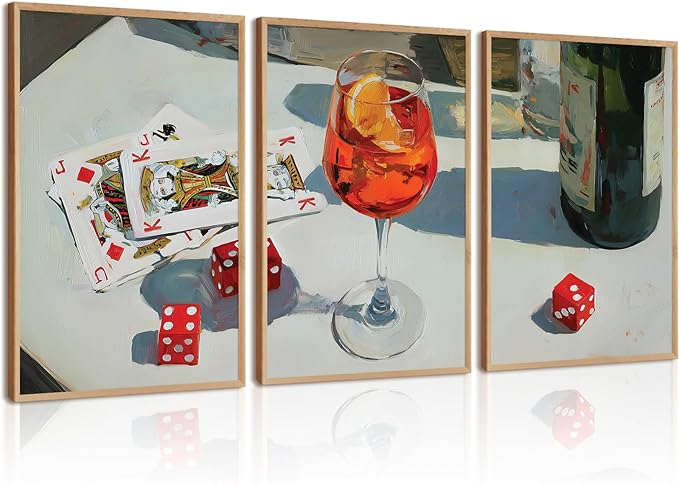 Trendy Bar Cart Wall Art Retro Dice Poker Canvas Wall Decor Preppy Aesthetic Poster Y2k Aperol Spritz Prints Playing Card Pictures for Living Room Apartment Dorm 16x24 Inch Unframed Set of 3