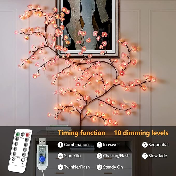 FNHMSL Cherry Enchanted Willow Vine Lights, 4FT 48LED 1PCS Pink Cherry Blossom Tree Branch Lights for Wall, Remote Timer,8 Light Model,Bedroom Wall Doors Wedding, Christmas, USB Battery Box