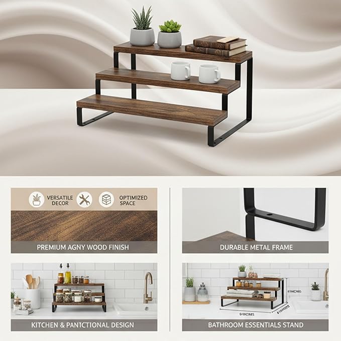 3 Tier Wooden Display Riser Stand, Perfume Stand Organizer for Makeup, Skincare Vanity Storage, Cupcake, Bathroom, Room Decor, Clear, 1 Pack (3 Tier)