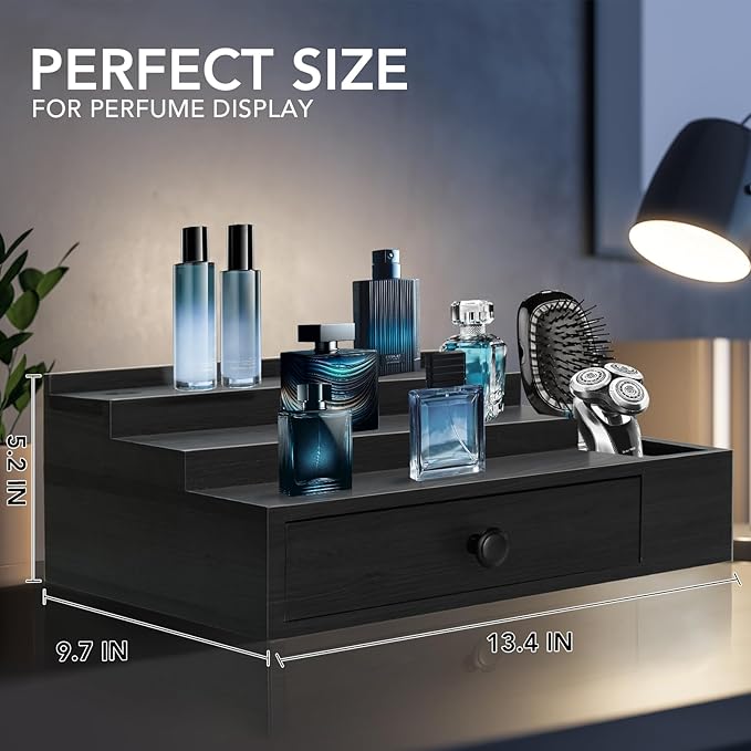 Cologne Stand Organizer for Men, 3 Tier Cologne Display Shelf with Velvet Lining Drawer and Compartments for Watch, Jewelry, Perfume Display Risers for Cologne, Great Gift for Father