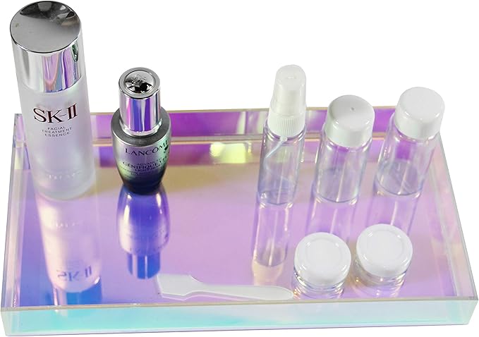 Iridescent Acrylic Tray 10.5" x 5.5", Vanity Tray for Dresser with Non-Slip Base, Small Bathroom Countertop Organizer for Makeup Perfume Jewelry, Cute Aesthetic Gift for Women, Purple