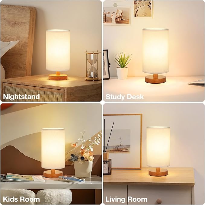 Fenmzee Small Table Lamp for Bedroom - Inline Control, Bedside Lamp with 3000K A15 LED Blub, Easy Assembly (White Shade - Walnut Base, 9" Inline Control)